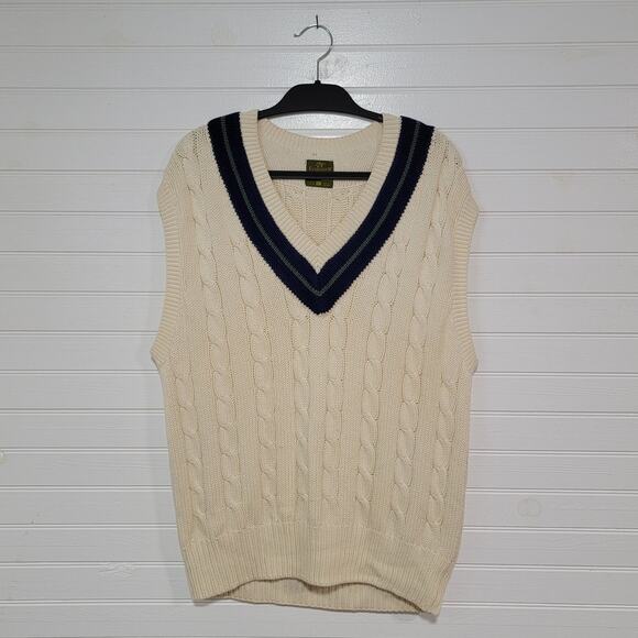 Evergreen Mens XL Sweater Vest Academia Prep Varsity Cable Knit Cotton V Neck